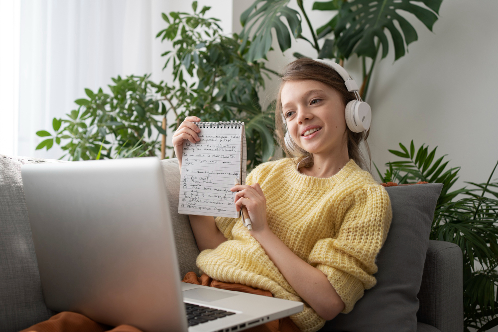 Girl studying on laptop