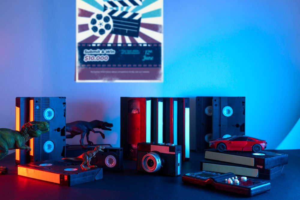 A table displays a collection of toys alongside a poster featuring Superbox Elite Ultra and Vsee Elite.