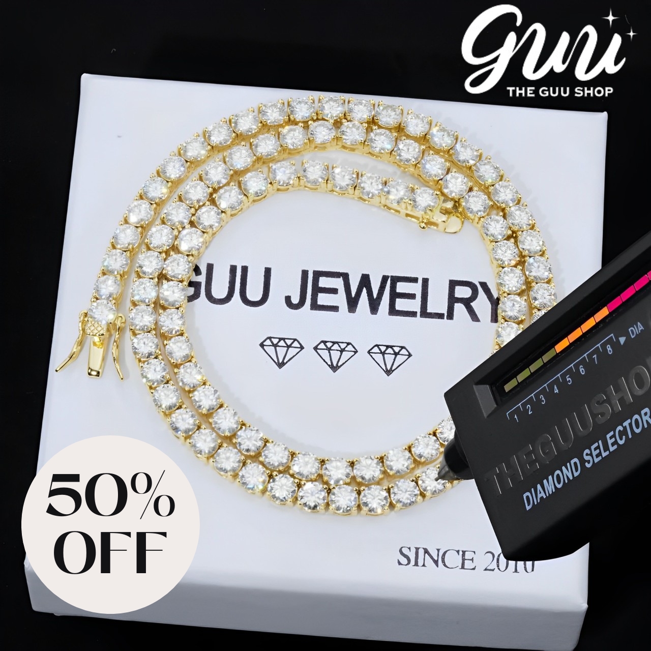 Stylish collection of Guu Chain hip-hop jewelry featuring bold gold chains and unique designs