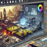 A game engine interface showcasing a 3D game environment with scene editing, coding, and preview tools.