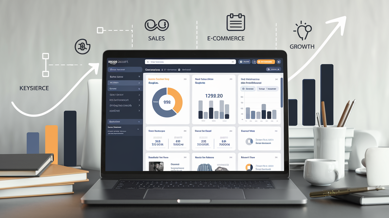 A sleek and professional design showing a laptop screen displaying Amazon's advertising console with charts, graphs, and keywords analysis and amazon ppc managmnet .