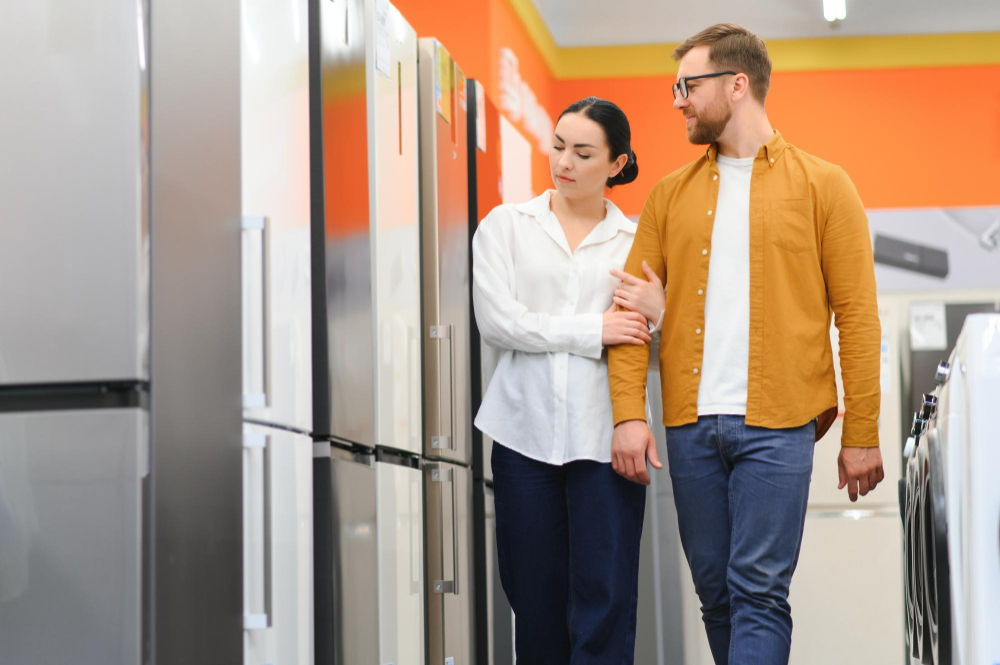 Couple shopping for a refrigerator in an appliance store