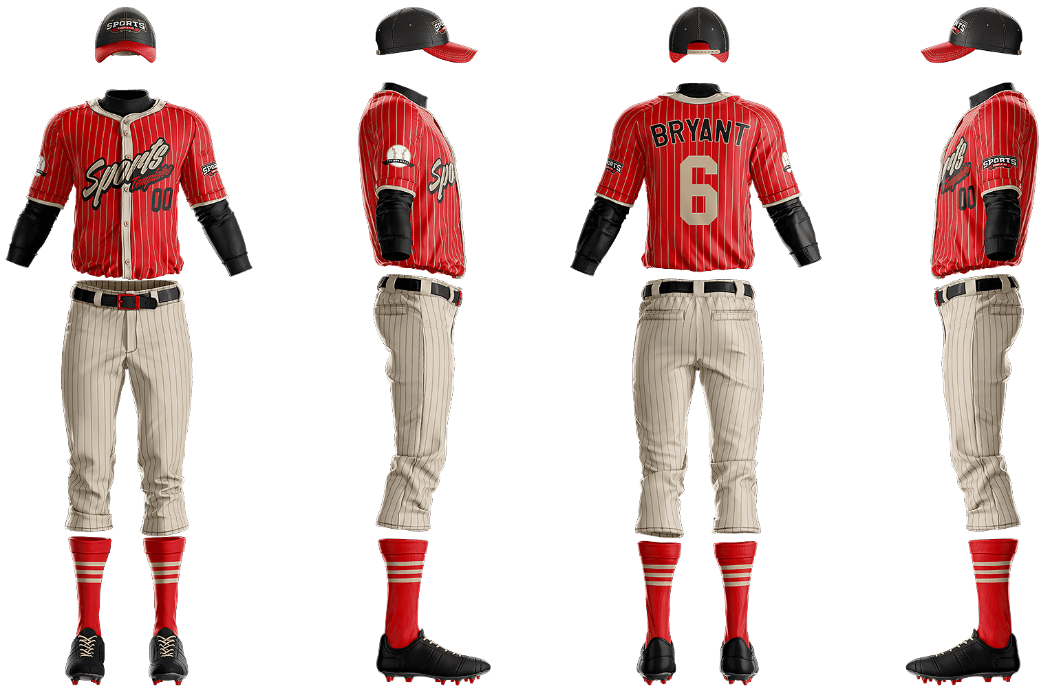 Custom baseball uniforms featuring the team's iconic colors and logo, showcasing a classic sports design.