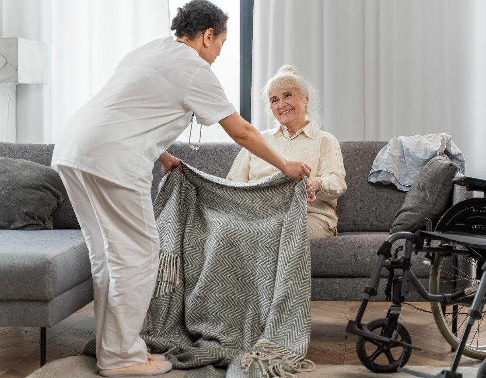 aged care worker taking care of senior woman at home