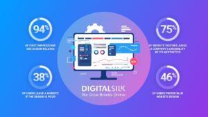 "Infographic from Digital Silk showing web design statistics: 94% of first impressions are design related; 75% of website visitors judge a company's credibility by its aesthetics; 38% of users leave a website if the design is poor; and 46% of users prefer blue website design. The graphic includes a central computer monitor illustration with charts and design elements, on a blue to purple gradient background. Caption reads 'DIGITAL SILK – We Grow Brands Online.'"