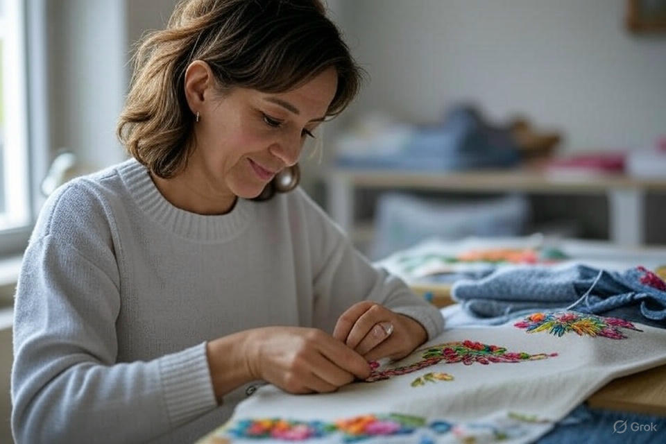A girl doing embroidery digitizing