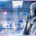 A humanoid robot analyzing AI network connections representing artificial intelligence applications across multiple industries.