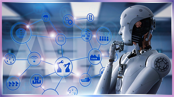 A humanoid robot analyzing AI network connections representing artificial intelligence applications across multiple industries.