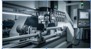 “Automated CNC tube bending machine in a high-tech industrial workshop, showing precision metal forming with a digital control panel.”