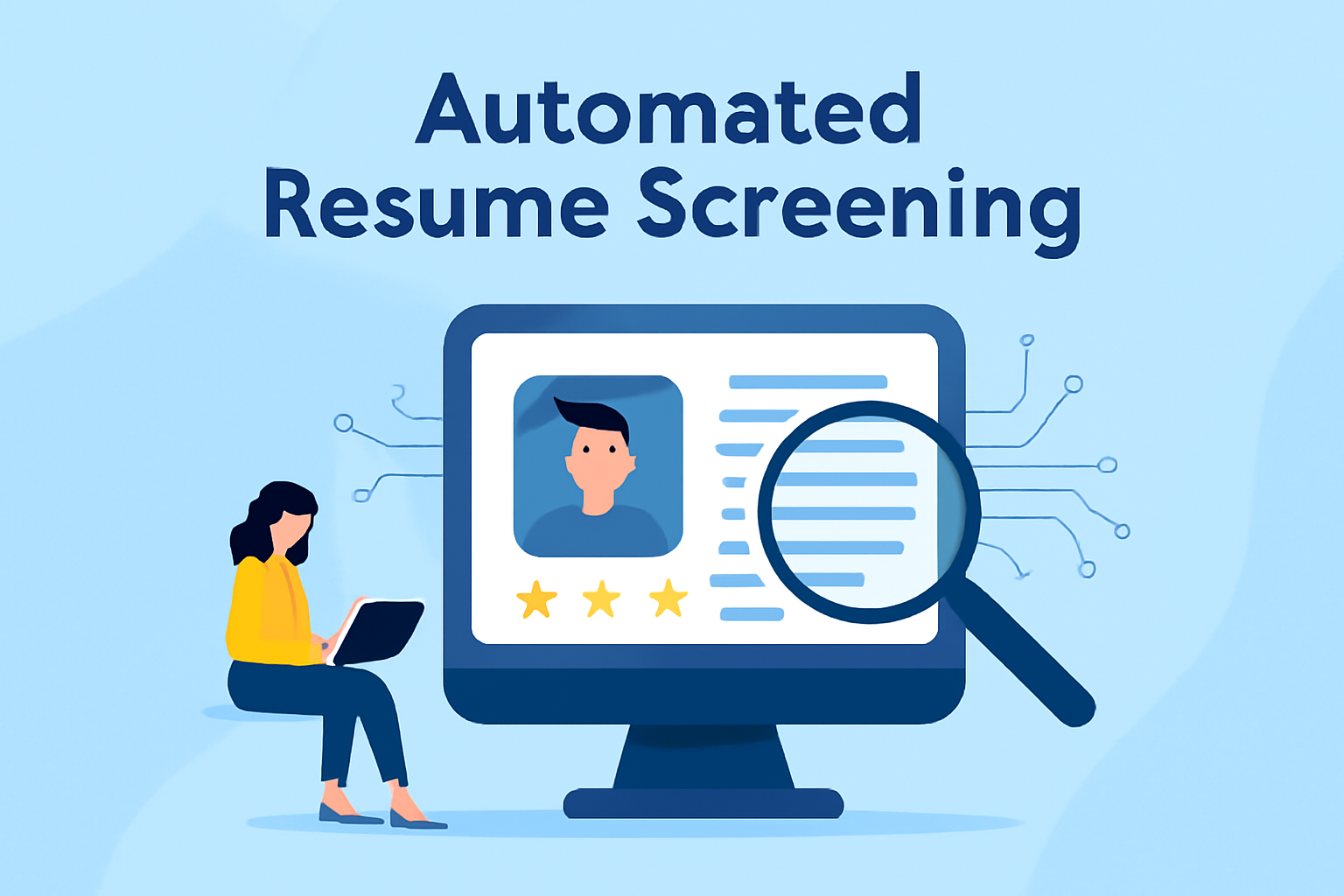 Automated resume screening with AI and resume evaluation on a laptop.