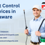Professional pest control technician outside a Delaware home with Pest Control Xpertz branding