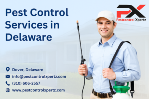 Professional pest control technician outside a Delaware home with Pest Control Xpertz branding