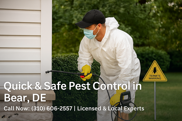 Professional pest control technician from Pest Control Xpertz standing in front of a suburban home in Bear, Delaware, wearing a branded uniform and holding pest control equipment.
