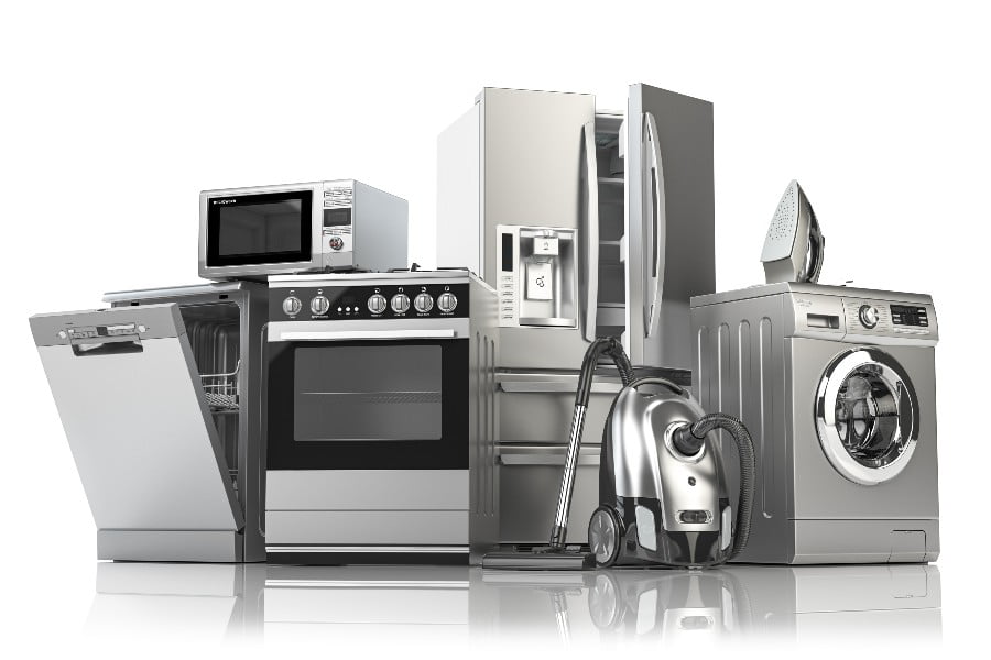A group of modern stainless steel home appliances including a dishwasher, microwave, oven, refrigerator, washing machine, vacuum cleaner, and iron, representing a complete smart kitchen and laundry setup